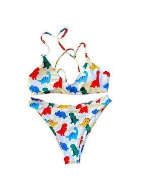 2/$15 Shein White Dinosaur Print Bikini Small